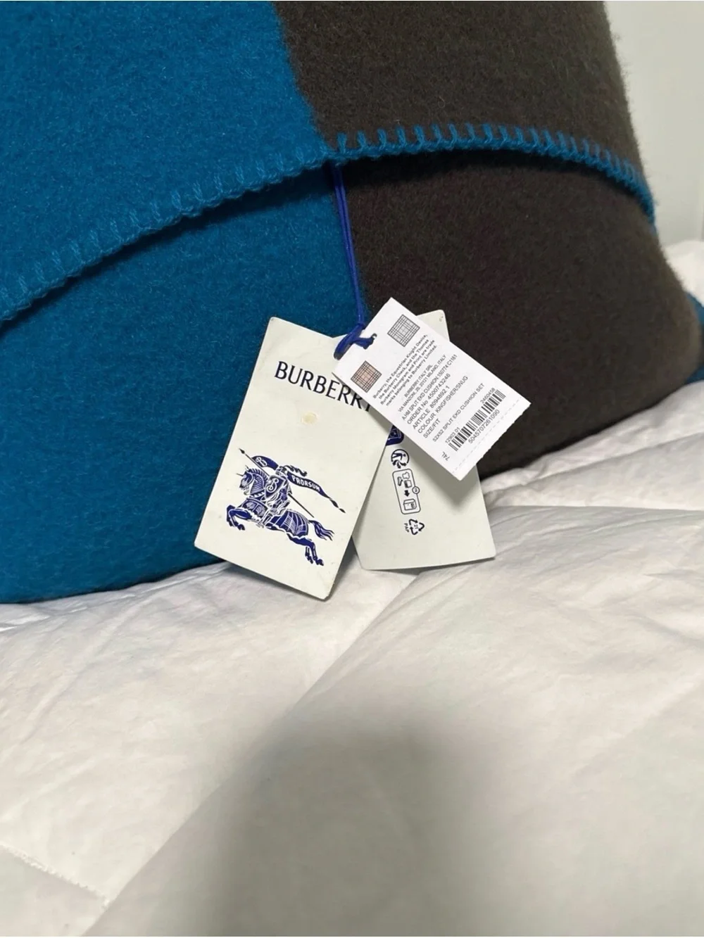 Burberry Teal Blue & Dark Brown Equestrian Wool Throw Pillow
